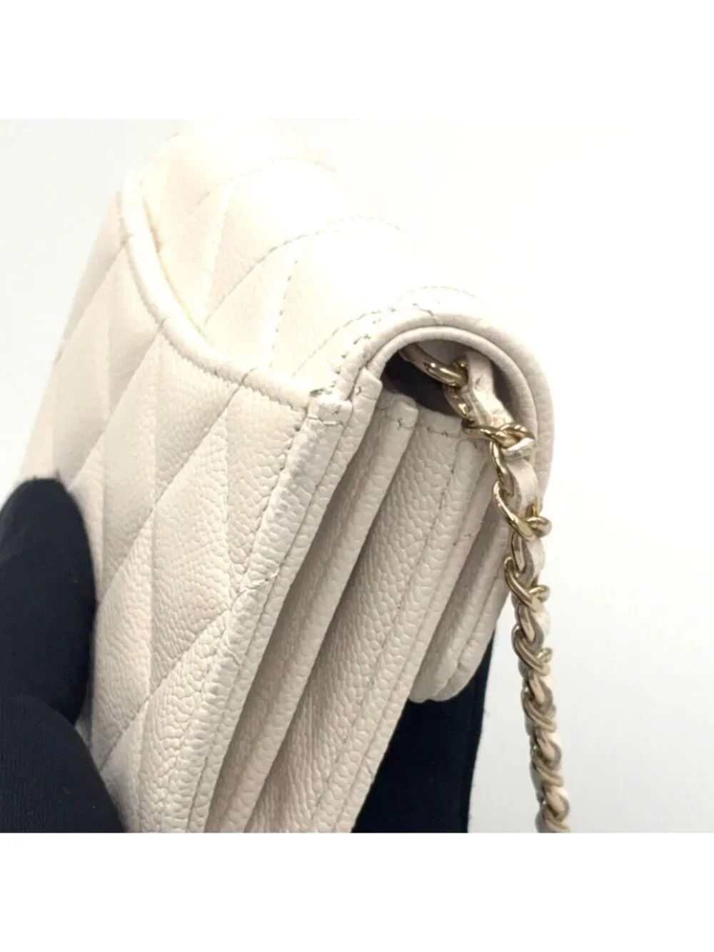 Chanel Quilted Mini Chain Random Caviar Leather White Wallet Gold